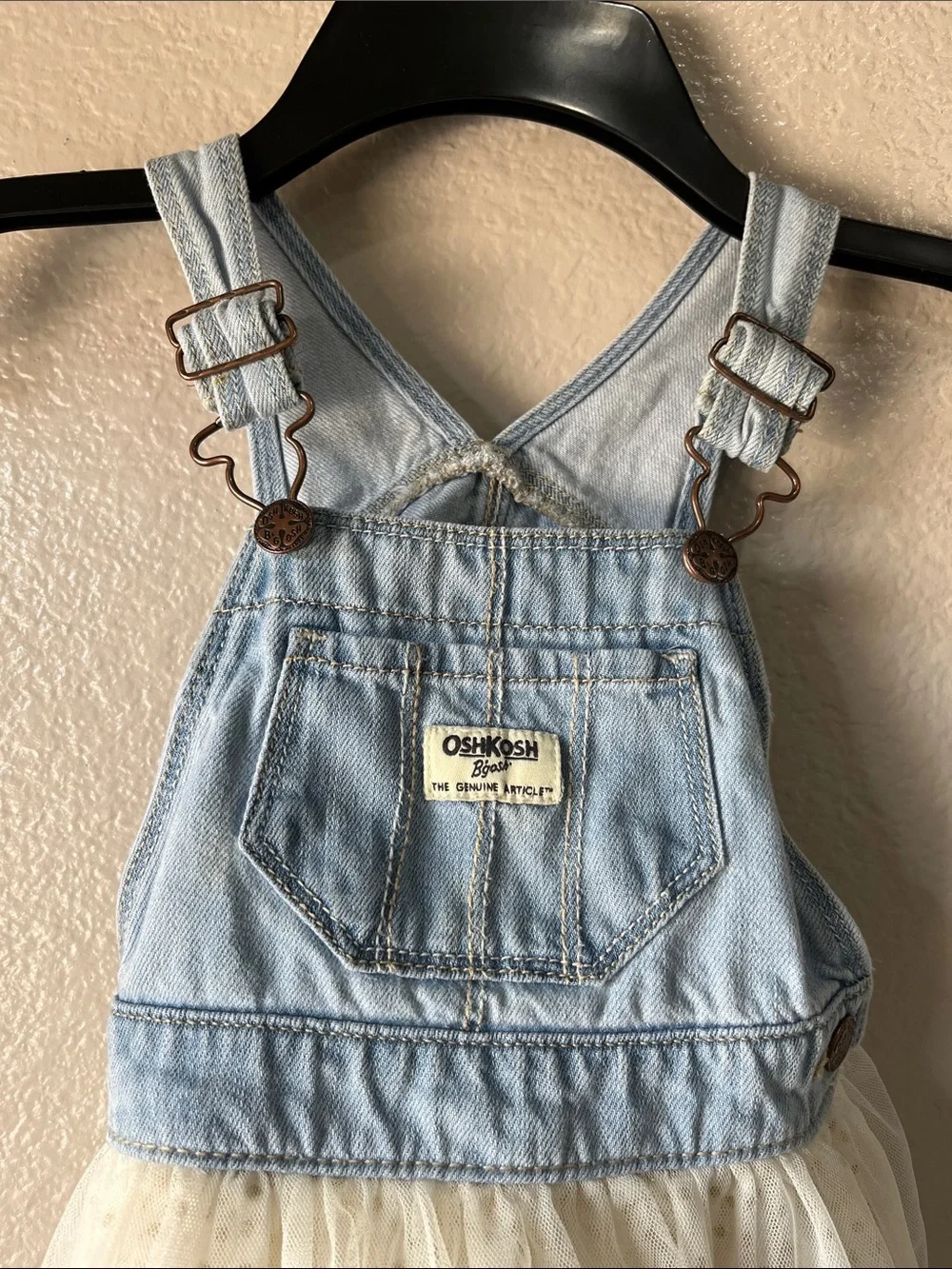 OshKosh B'gosh Light Blue Denim Overall Dress with White Tulle Skirt Sz 3T